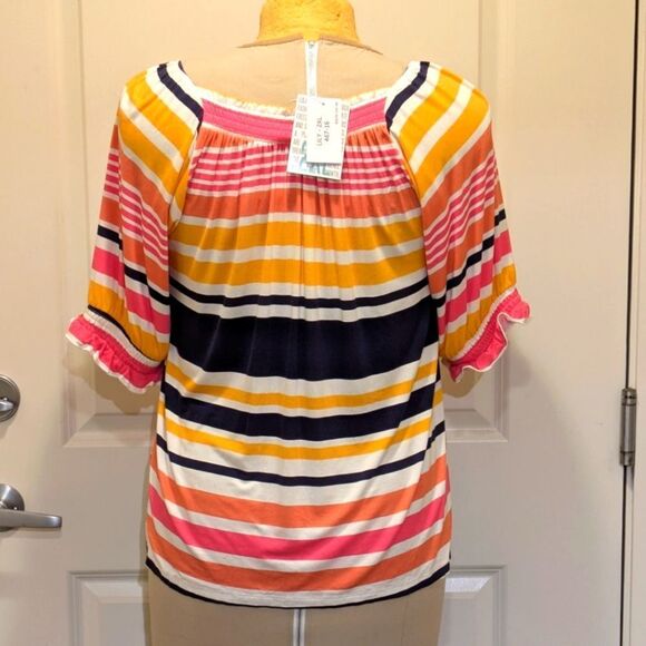 $5 Item! NWT LuLaRoe 2XL Lily Square Neck Top In Pink Blue and Yellow Stripes - Picture 4 of 8